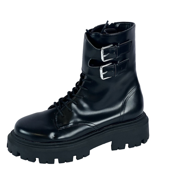 H&M Combat Boots Wmns Sz 8 Black Faux Leather Lace Up Platform Chunky Grunge Y2K - Picture 1 of 11